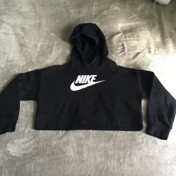 Nike Size M Black With White Logo Boxy Cropped Hooded Sweatshirt Junior - Picture 7 of 7